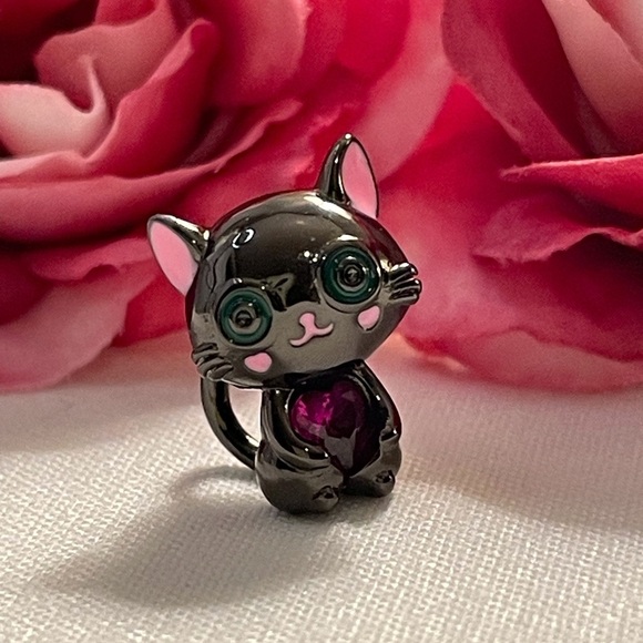 Charm for Pandora Bracelet Black Cat Holding a Rhinestone Heart Sterling Silver - Picture 7 of 13